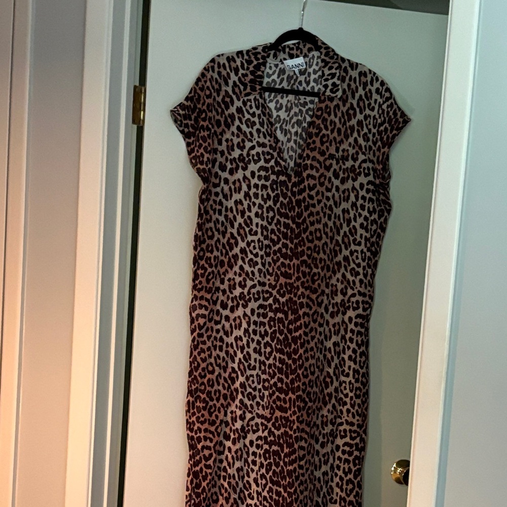 Ganni Brown Leopard Print Midi Dress